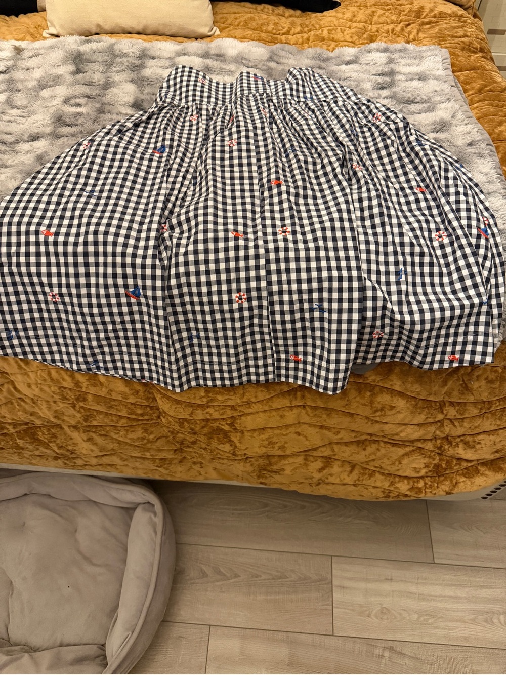 Gingham Navy and White A-Line Skirt with Embroidered Accents